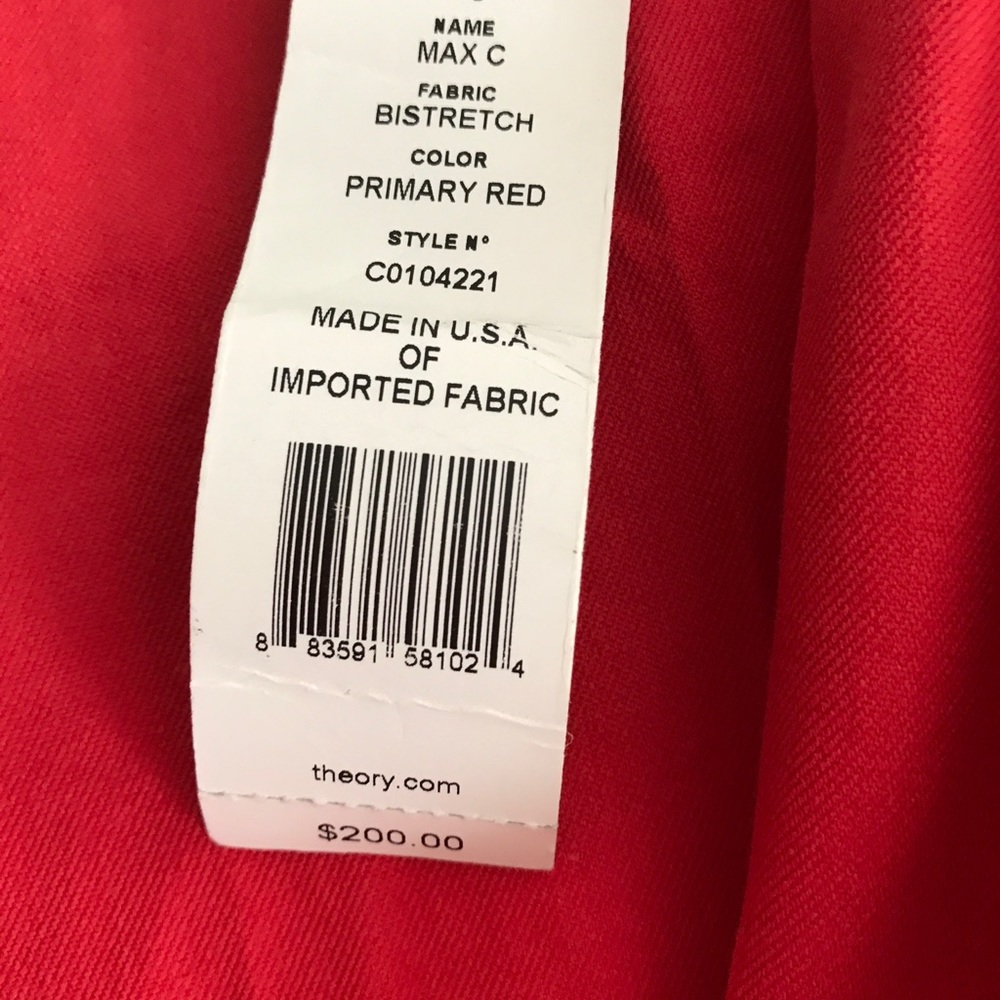 Theory Max C Bistretch Primary Red Pants Size 10 - image 6